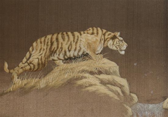 A Japanese silkwork panel of a tiger 30 x 43cm.